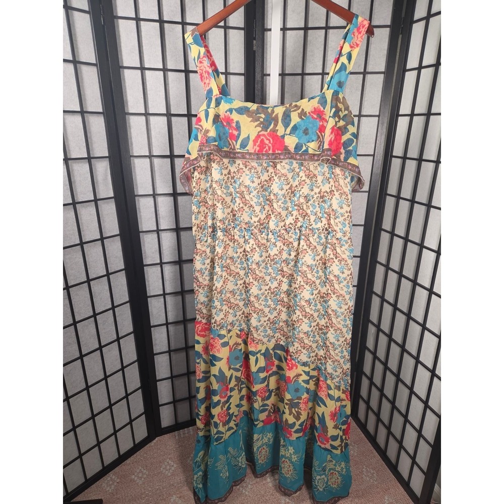 Denim 24/7 Womens 32W Floral Multi Patchwork Maxi Dress Sleeveless Tiered Ruffle